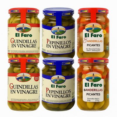 El Faro El Faro Banderillas Spicy, Guindillas Green Peppers, Pickled Gherkin in Vinegar
