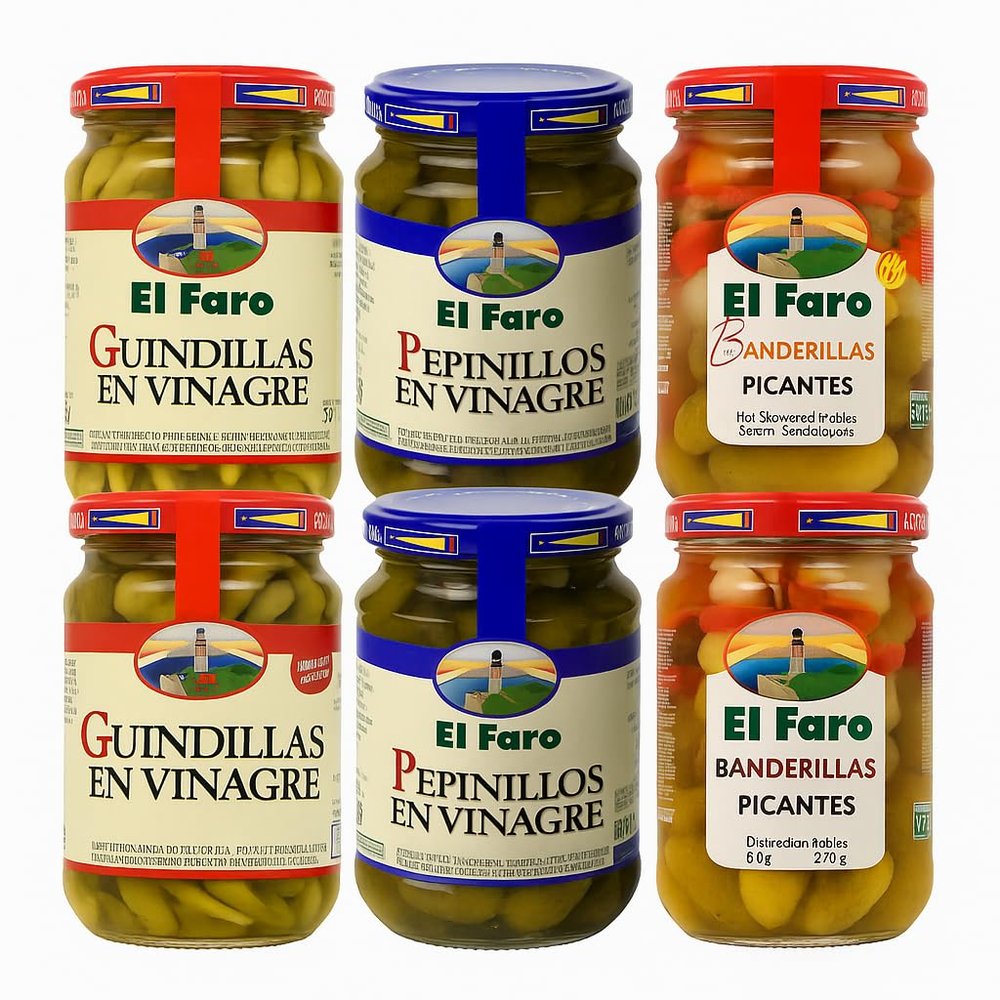 El Faro El Faro Banderillas Spicy, Guindillas Green Peppers, Pickled Gherkin in Vinegar