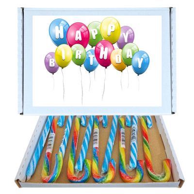 Birthday Sweet Box Gift Hamper | Bonds Bubblegum & Rainbow Candy Canes 12 Pack Gift Box 6 of Each Flavor Individually Wrapped |Happy Birthday Packaging, Gift for All Ages