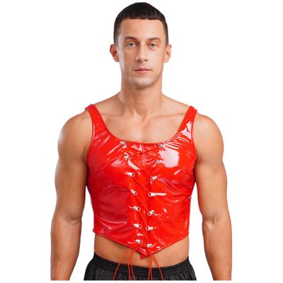 Aiihoo Mens Shiny Wet Look Patent Leather Sleeveless Vest Lace Up Back Zipper Tops For Party Club Red XXL