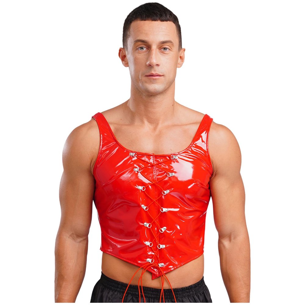 Aiihoo Mens Shiny Wet Look Patent Leather Sleeveless Vest Lace Up Back Zipper Tops For Party Club Red XXL
