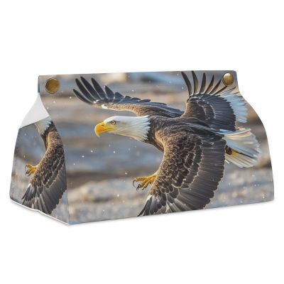 Bald Eagle Flying Tissue Box Cover Modern PU Leather Tissue Case Stylish High-end Facial Paper Organizer Dispenser for Bathroom Vanity Countertop Nightstands Desk