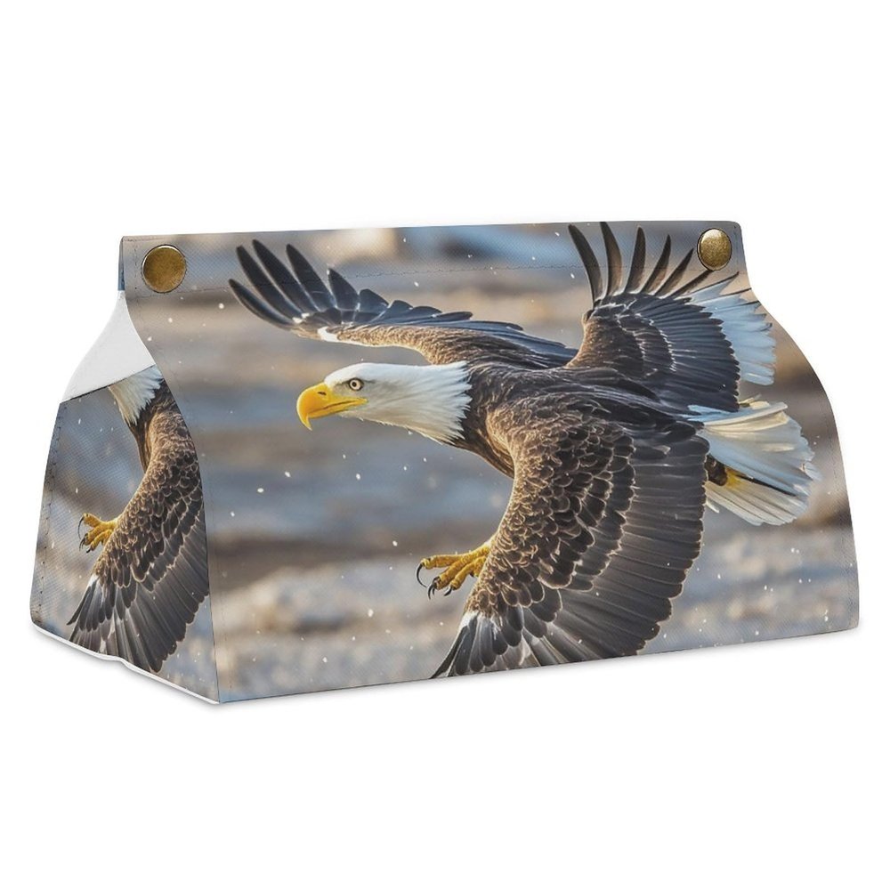 Bald Eagle Flying Tissue Box Cover Modern PU Leather Tissue Case Stylish High-end Facial Paper Organizer Dispenser for Bathroom Vanity Countertop Nightstands Desk