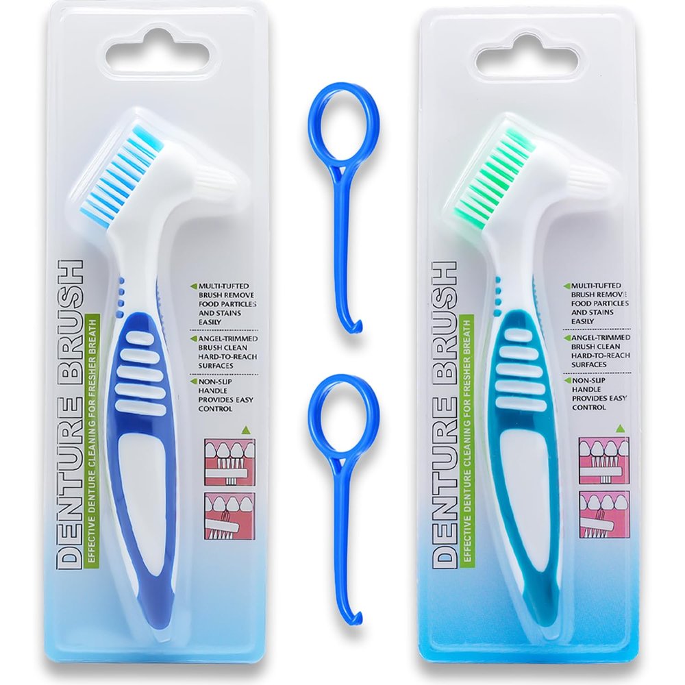 Denture Brush Dual Head Toothbrushes Hard Denture Cleaning Brush Denture Toothbrush Cleaning Brush False Teeth Brush Toothbrush (2PCS Blue Green)