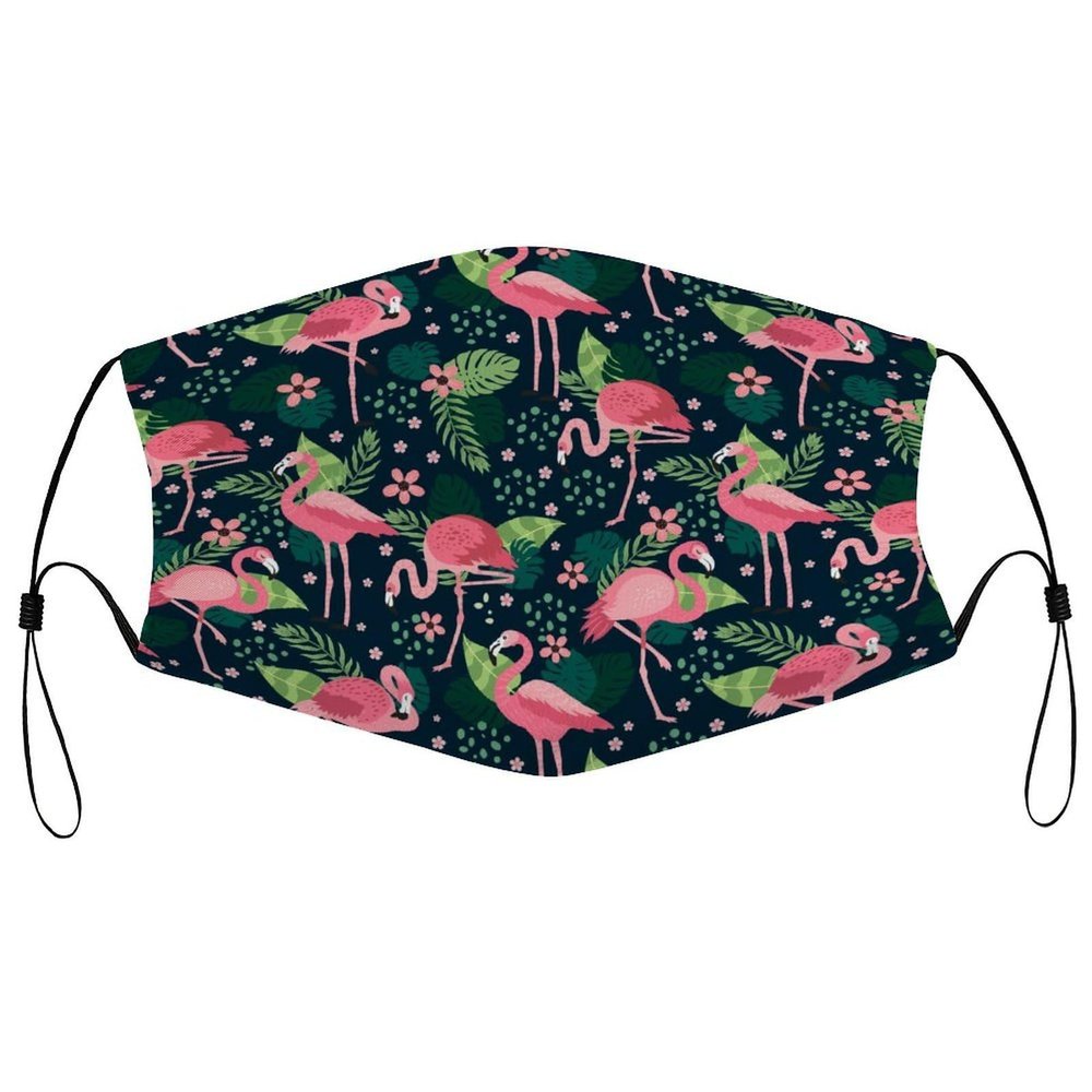Reusable Cloth Face Mask,Pink Flamingos with Tropical Flowers Adult Washable Face Cover With Adjustable Earloops Nose Wire