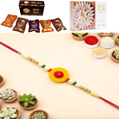 Ghasitaram Gifts Jaiccha Rakhis for Brother Rakhis Online - Y-199 Fancy Rakhi with Asorted Bites Box and 200 GMS of Kaju katli
