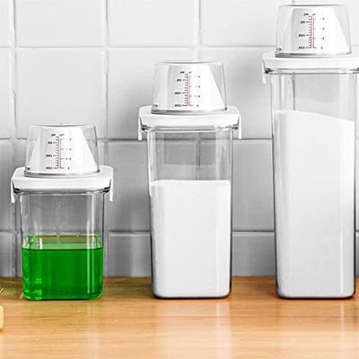 Airtight Laundry Detergent Dispenser with Measuring Cup, Clear Powder Storage Box, 2300ML Capacity