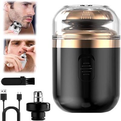 Capsule Razor, Mini Portable Electric Shaver for Men, Travel Razor, Waterproof Washable Rotary Shaver with Nose Hair Trimmer (Black)