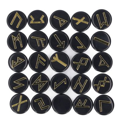 25Pcs Round Rune Stones, Rune Stone Set Crystal Engraved Symbol Stone Runes Set for Divination Yoga Meditation Spiritual (Obsidian)