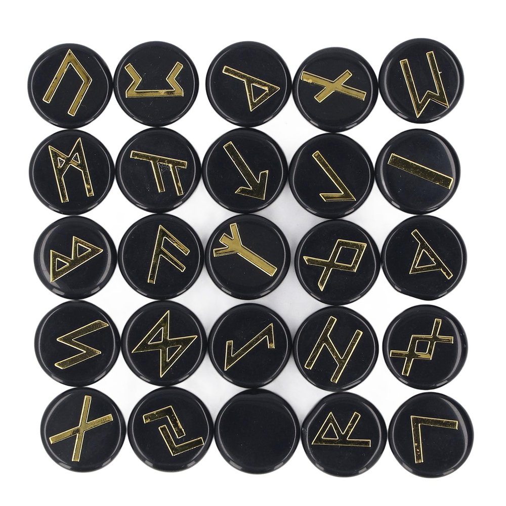 25Pcs Round Rune Stones, Rune Stone Set Crystal Engraved Symbol Stone Runes Set for Divination Yoga Meditation Spiritual (Obsidian)