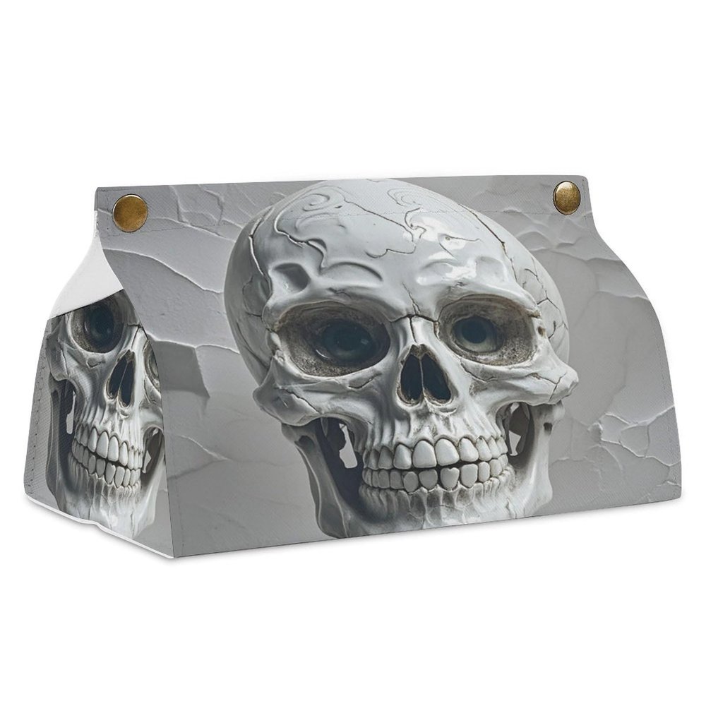 White and Gray Skull Graphics Tissue Box Cover Modern PU Leather Tissue Case Stylish High-end Facial Paper Organizer Dispenser for Bathroom Vanity Countertop Nightstands Desk