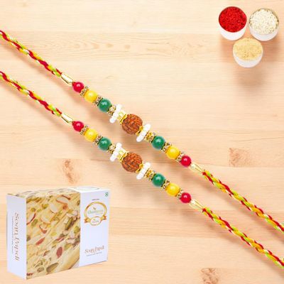 Ghasitaram Gifts Jaiccha Rakhi for Brother Rakhis Online - Set of 2 - Y-104 Rudraksh Rakhi with 400 GMS of Soan Papdi