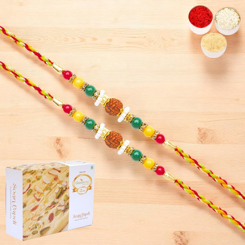 Ghasitaram Gifts Jaiccha Rakhi for Brother Rakhis Online - Set of 2 - Y-104 Rudraksh Rakhi with 400 GMS of Soan Papdi