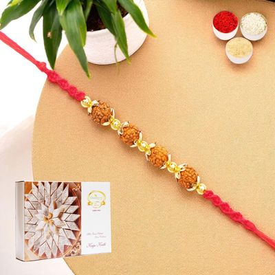 Ghasitaram Gifts Jaiccha Rakhi for Brother Rakhis Online - Y-96 Rudraksh Rakhi with 400 GMS of Kaju katli