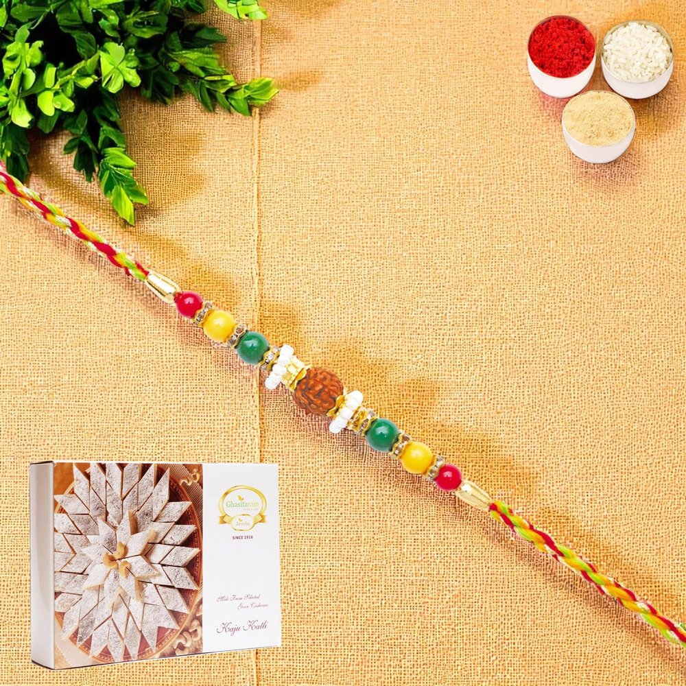 Ghasitaram Gifts Jaiccha Rakhi for Brother Rakhis Online - Y-104 Rudraksh Rakhi with 400 GMS of Kaju katli