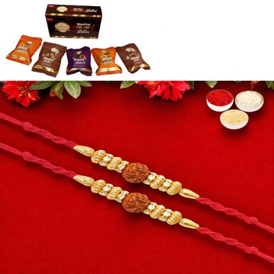 Ghasitaram Gifts Jaiccha Rakhi for Brother Rakhis Online - Set of 2 - Y-81 Rudraksh Rakhi with Asorted Bites Box