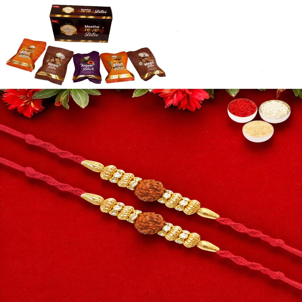Ghasitaram Gifts Jaiccha Rakhi for Brother Rakhis Online - Set of 2 - Y-81 Rudraksh Rakhi with Asorted Bites Box