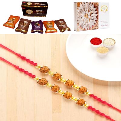 Ghasitaram Gifts Jaiccha Rakhi for Brother Rakhis Online - Set of 2 - Y-96 Rudraksh Rakhi with Asorted Bites Box and 200 GMS of Kaju katli