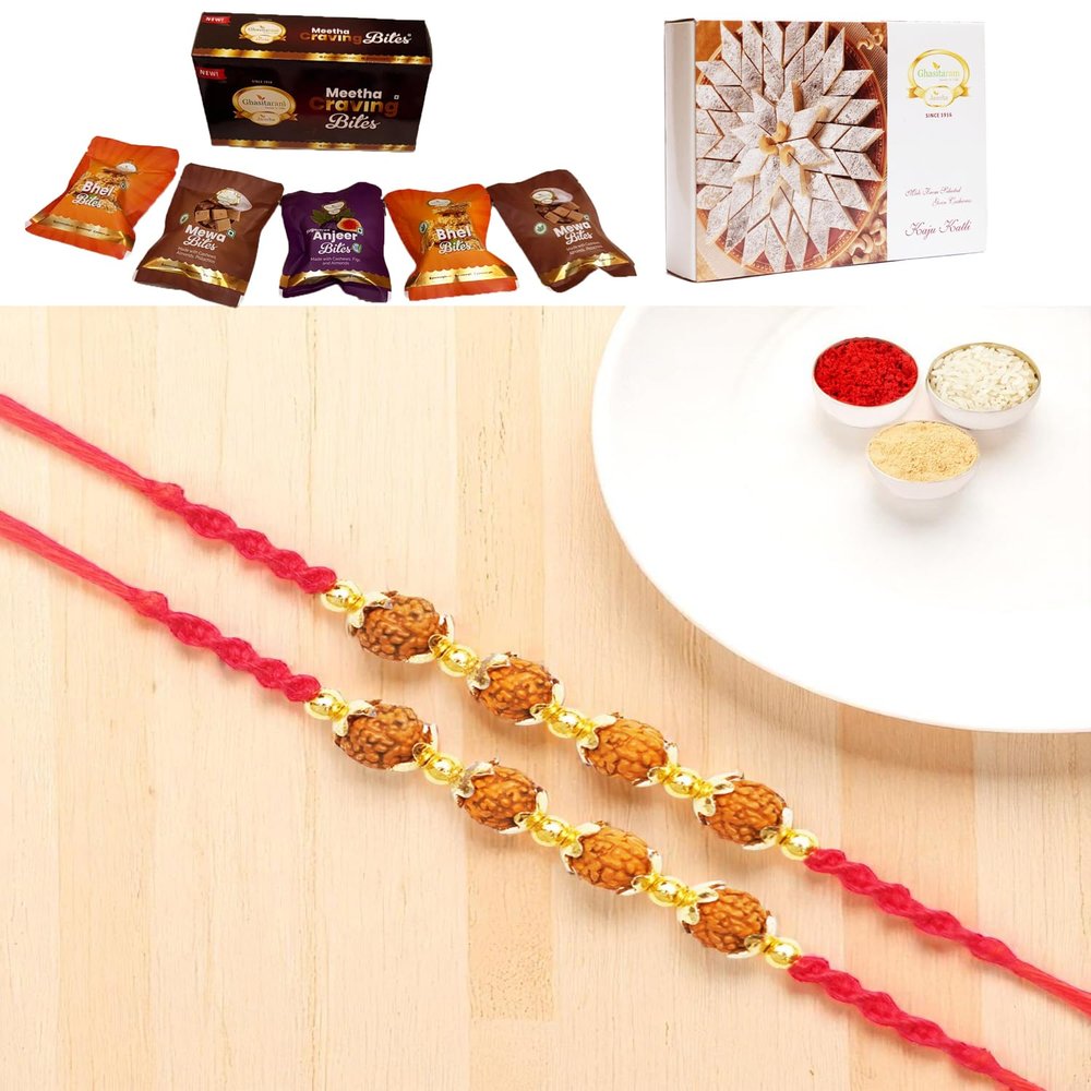 Ghasitaram Gifts Jaiccha Rakhi for Brother Rakhis Online - Set of 2 - Y-96 Rudraksh Rakhi with Asorted Bites Box and 200 GMS of Kaju katli