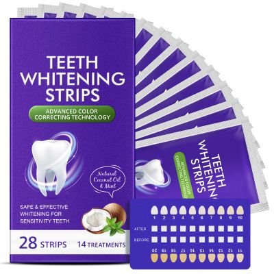Purple Whitening Strips, 28 Piece Tooth Whitening Pack for 14 Treatments, 30 Minutes Fast Results, Non-Sensitive Formula, Safe & Non-Slip for All