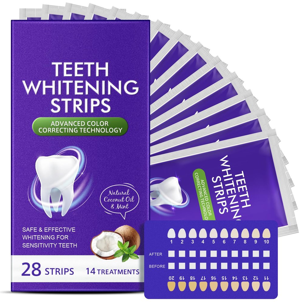 Purple Whitening Strips, 28 Piece Tooth Whitening Pack for 14 Treatments, 30 Minutes Fast Results, Non-Sensitive Formula, Safe & Non-Slip for All