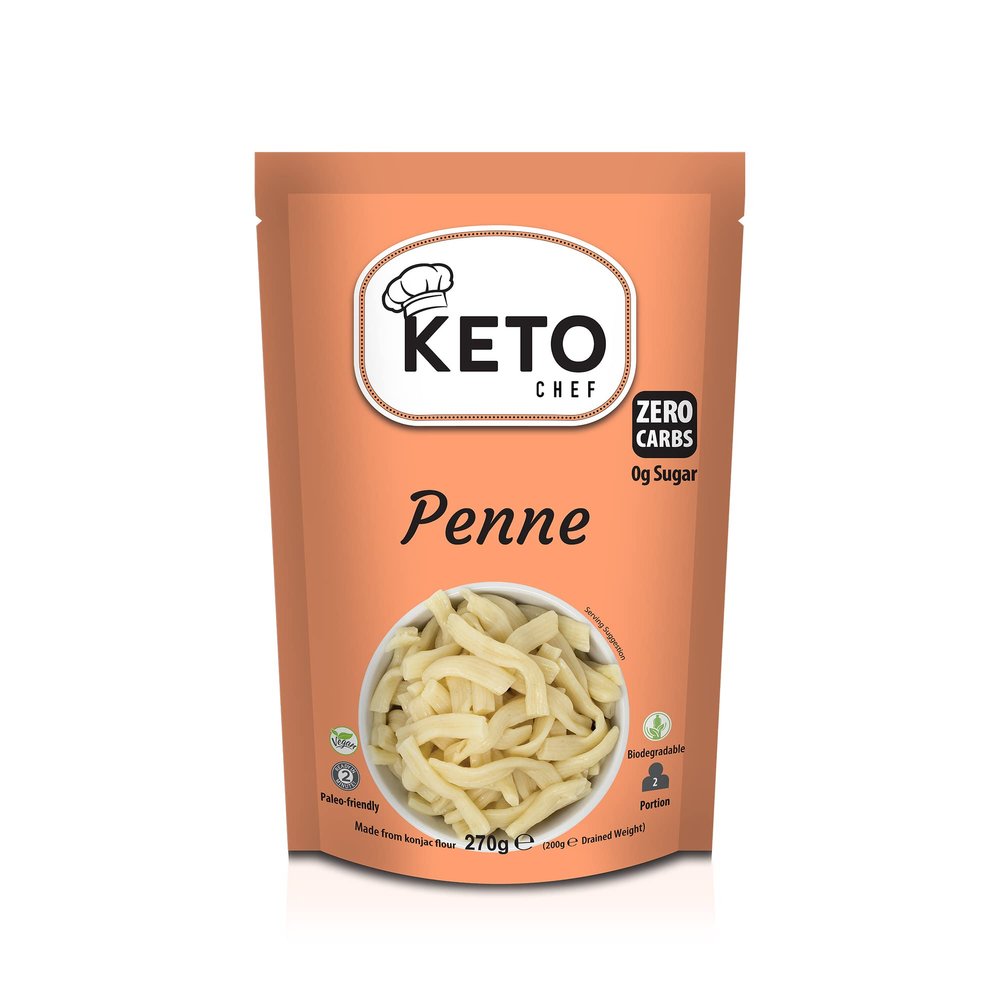 Keto Chef Shirataki Penne Pasta (Pack of 24 x 270g) Odour Free, Low Calorie & Fat Free, High Fibre, Keto Friendly, Vegan & Gluten Free, Low Carb Konjac Pasta | Ready to Eat Instant Food