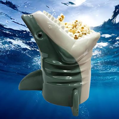 CASOME Sharks Popcorn Bucket-50th Anniversary Popcorn Bucket, Personality Popcorn Cups Shark Popcorn Bucket Container Movable Jaw Design Handcrafted Decor Reusable Kitchenware