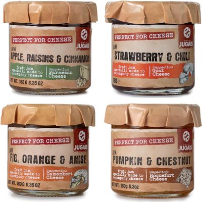 Jam Variety Selection - Unique Flavours: Pumpkin & Chestnut, Fig Orange & Anise, Strawberry & Chilli, Apple Raisin & Cinnamon. Perfect for Cheese Pairing - Pack of 4 x 180g