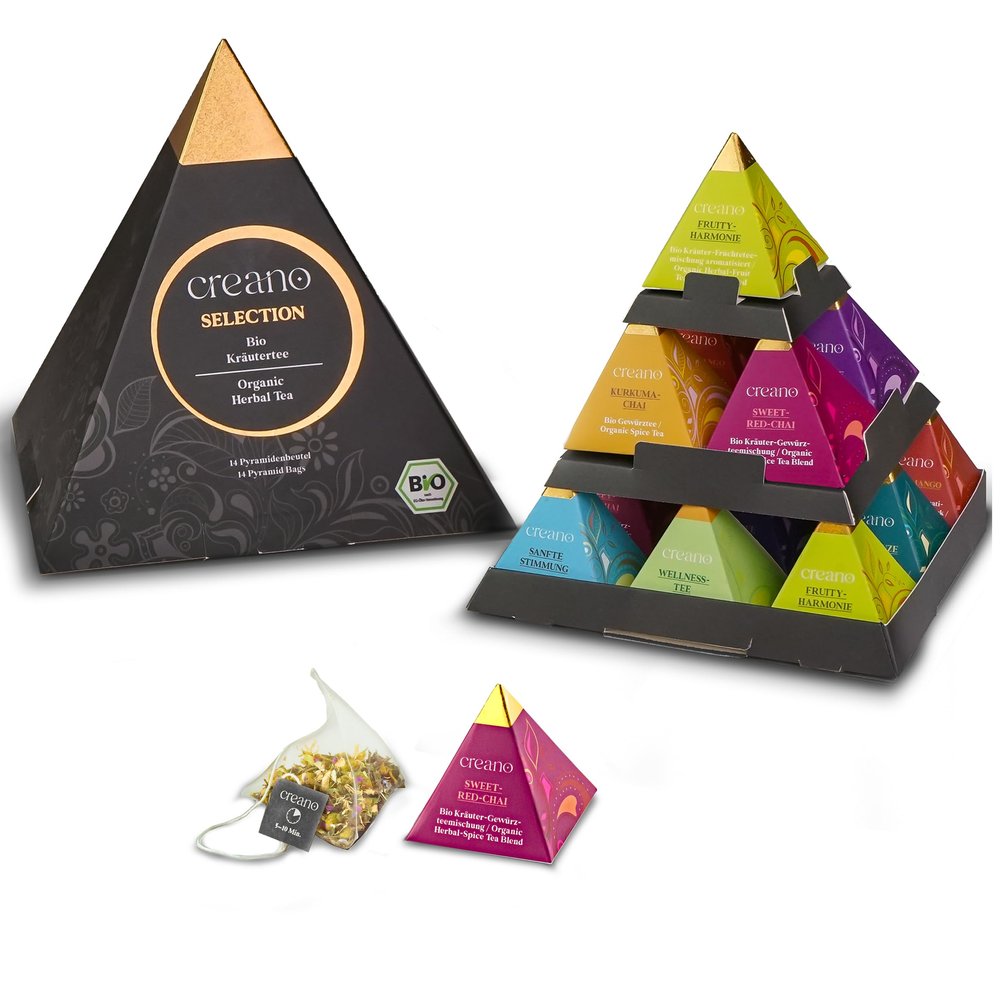Creano Premium "PYRAMID" Organic Herbal Tea Gift Set 14 Pyramid Bags, 9 Biological Infusions Elegant Pyramid-Shaped Box Caffeine-Free Luxury Wellness*