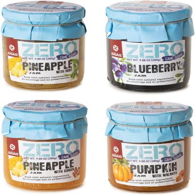 Jam Selection with No Added Sugar Pack of 4 x 280g Fruit Spreads Pineapple & Mint, Pineapple & Ginger, Pumpkin & Walnut, Blueberry Naturally Sweetened Preserves
