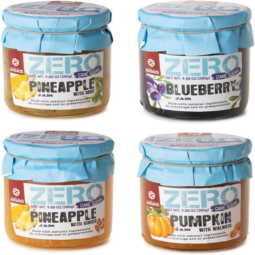 Jam Selection with No Added Sugar Pack of 4 x 280g Fruit Spreads Pineapple & Mint, Pineapple & Ginger, Pumpkin & Walnut, Blueberry Naturally Sweetened Preserves
