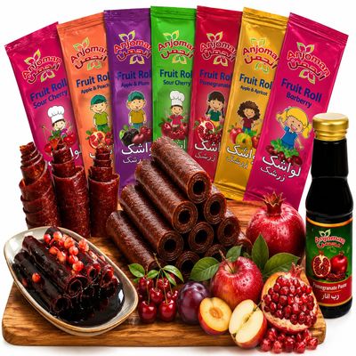 Anjoman Assorted Fruit Leather Bars Gift Bundle (980g Total) 7 Extra Large Mediterranean Fruit Sheets (700g) with Tart Pomegranate Paste Dipping Sauce (280g), Vegan Lavashak Snack Pack