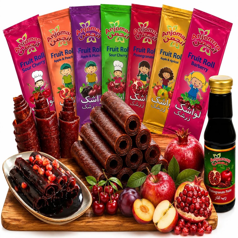 Anjoman Assorted Fruit Leather Bars Gift Bundle (980g Total) 7 Extra Large Mediterranean Fruit Sheets (700g) with Tart Pomegranate Paste Dipping Sauce (280g), Vegan Lavashak Snack Pack