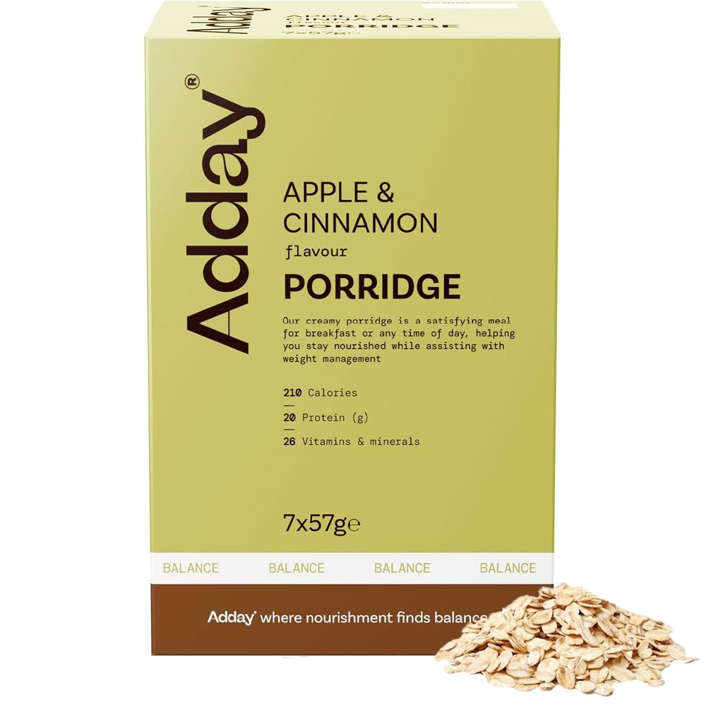 Adday High Protein Meal Replacement Porridge Apple & Cinnamon- 7 Complete Breakfasts- 20g Protein- Low Calorie Total Diet Replacement- Vegetarian, Halal, Kosher