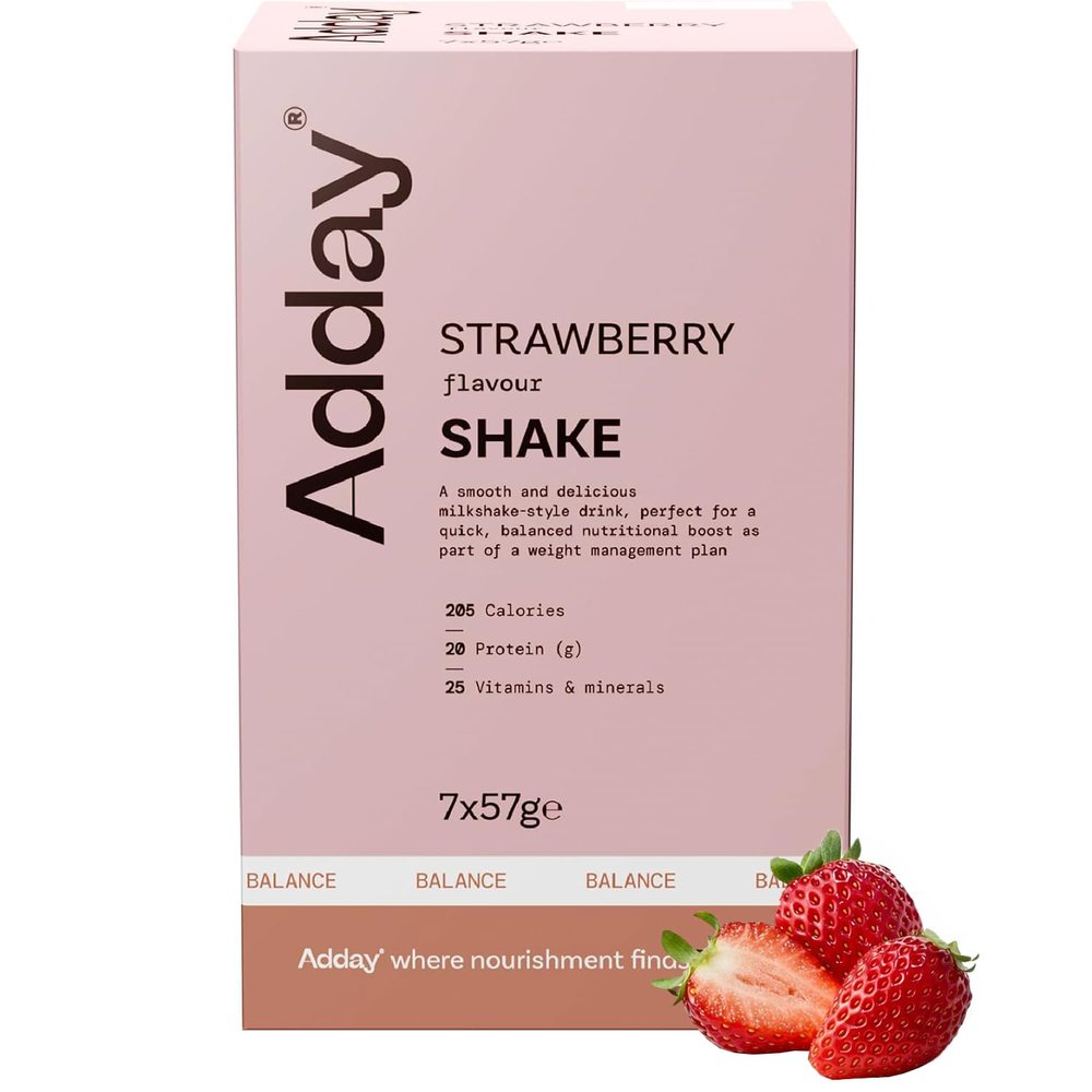 Adday High Protein Meal Replacement Shake Strawberry- 7 Complete Meals- 20g Protein, 26 Vitamins- Low Calorie Total Diet Replacement- Gluten Free, Halal, Kosher