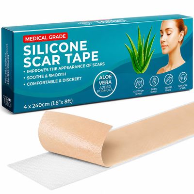 Medical Grade Silicone Scar Tape Aloe Vera | 4cm x 2.4M | Silicone Scar Sheets for After Surgery C Section Recovery, Face Treatment Gel Patches/Plasters