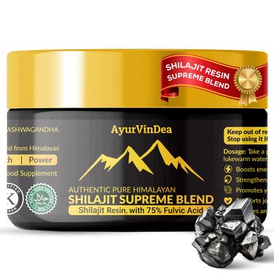 AyurVinDea Pure Shilajit Resin 30g Pure Himalayan Shilajit Resin with 75% Fulvic Acid, Ashwagandha & Herbal Blend (Black Musli, Gokshura, Turmeric) Supports Energy & Vitality (60-Day Supply)