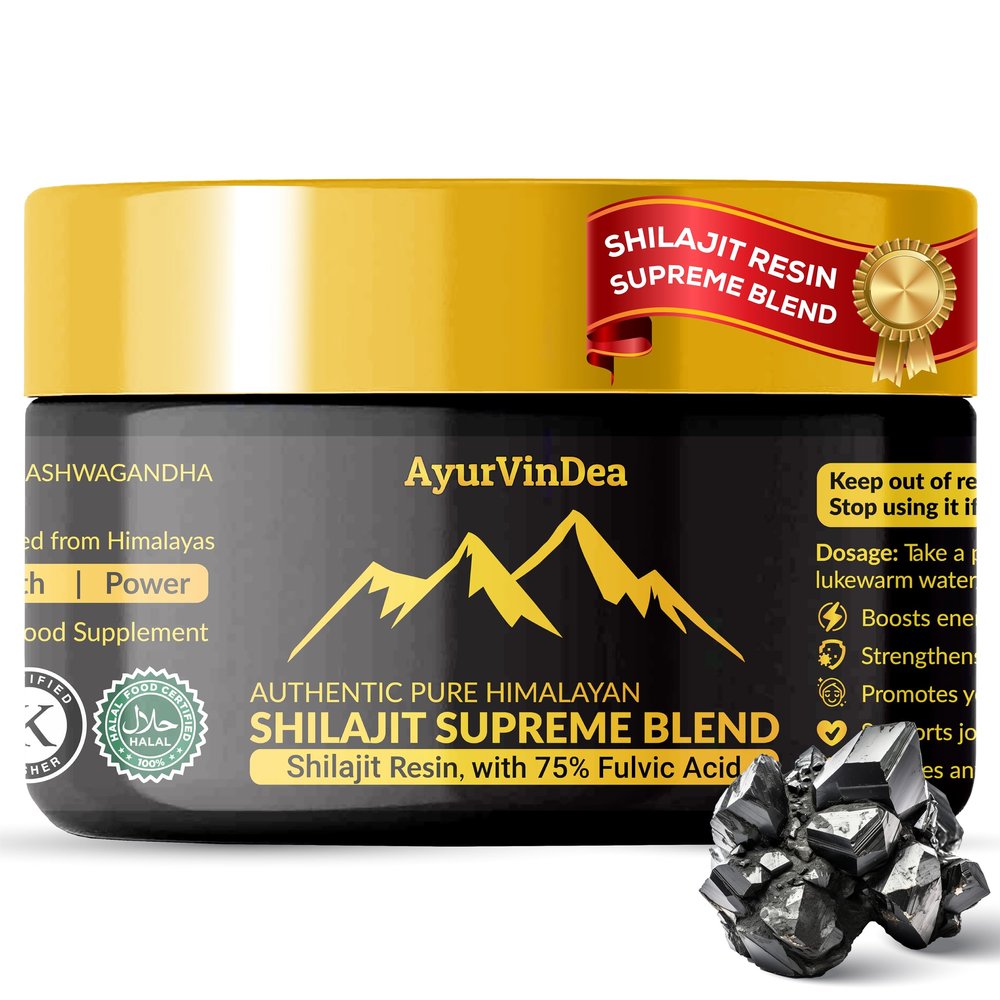 AyurVinDea Pure Shilajit Resin 30g Pure Himalayan Shilajit Resin with 75% Fulvic Acid, Ashwagandha & Herbal Blend (Black Musli, Gokshura, Turmeric) Supports Energy & Vitality (60-Day Supply)