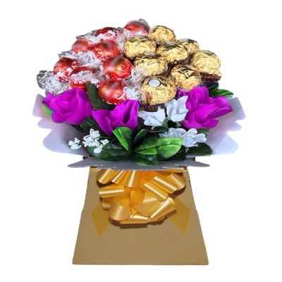 Hamper Chocolate Flower Bouquet For Men and Women With Ferero and Lindr lind Sweets Personalised Red Pink Purple Gold (Medium)