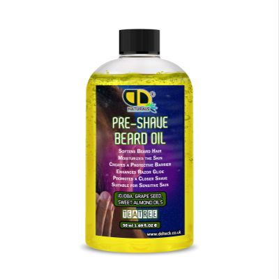 Pre-Shave Beard Oil with Tea Tree Soothes Sensitive Skin, Softens Hair, Enhances Razor Glide & Reduces Tug & Irritation Natural Jojoba, Grapeseed & Sweet Almond Oils (50ml)