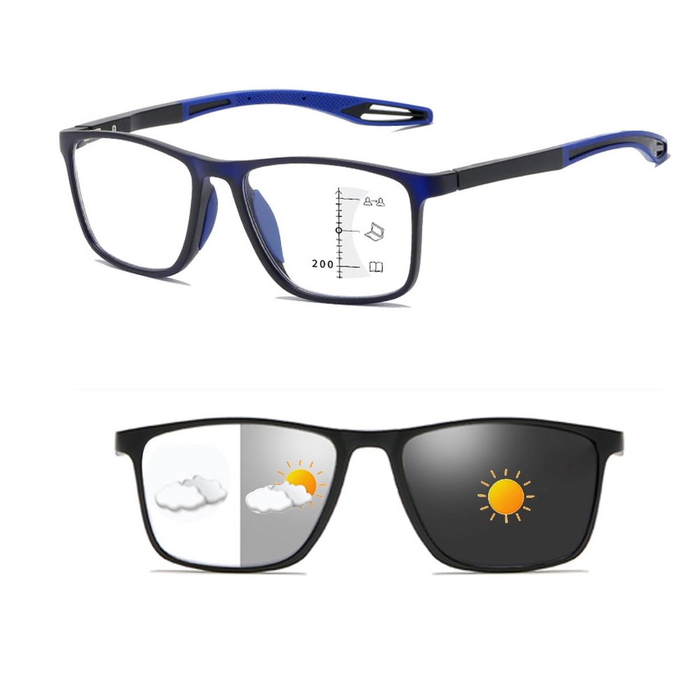 Stylish Progressive Multifocal Photochromic Reading Glasses for Men Women, TR90 Flexible Frame Eyeglasses(Black/Blue,1.0 x)