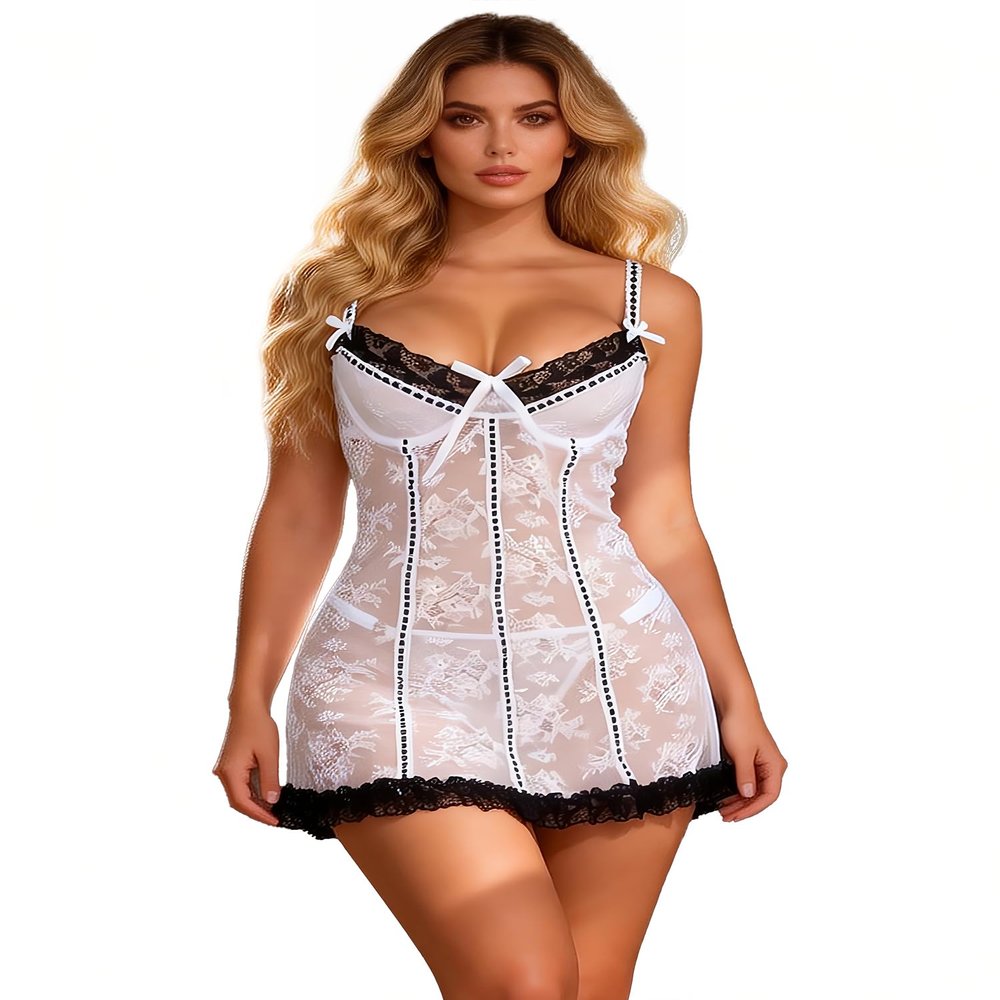 comeondear Women's Plus Size Lingerie Set Sexy Sheer Floral Lace Babydoll Nightdress Mesh Chemise Nighties Underwire Nightgown Soft Nightwear with G-String XXL White