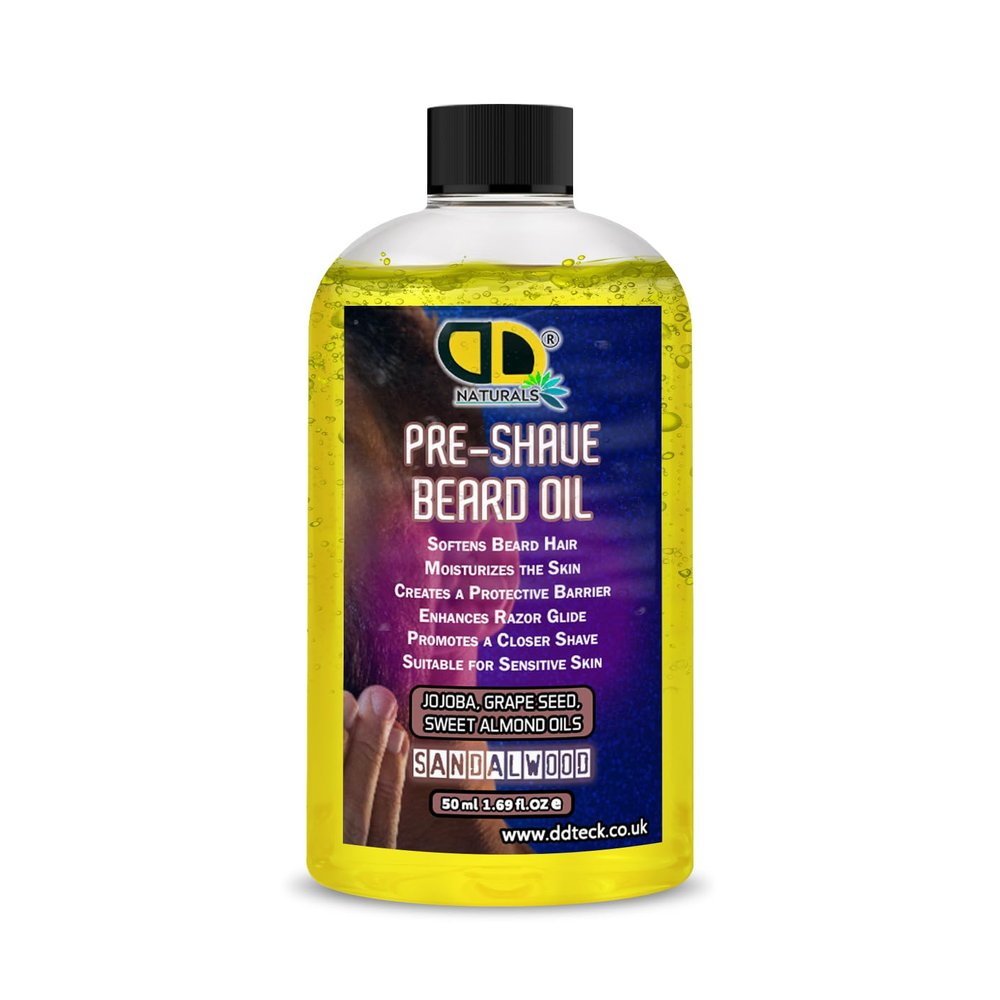 DD Teck Pre-Shave Beard Oil with Sandalwood Soothes Sensitive Skin, Softens Hair, Enhances Razor Glide & Reduces Tug & Irritation Natural Jojoba, Grapeseed & Sweet Almond Oils (50ml)