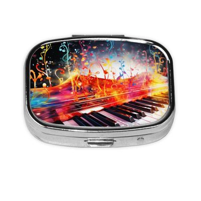 Small Pill Box Portable Pill Case 2 Compartment Metal Pill Vitamins Holder Organizer Cute Colorful Piano Keyboard Music Note Travel Pillbox for Purse Pocket