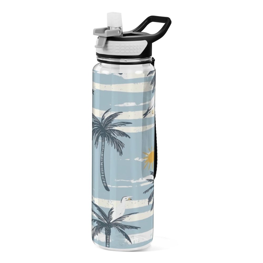EtherSpher Summer Palm Trees Blue Stripe Designed clear plastic sports water bottle for working Unique design decor journal Travel Home Office