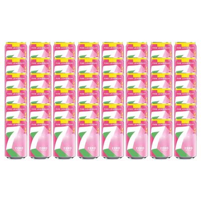 7 ZERO SUGAR Pink Lemonade Flavoured Fizzy Soft Drink Lemon, Lime, and Raspberry Flavour with Sweetners Carbonated Soda 330ml Cans Low in Calories and No Caffeine Recyclable (Pack of 48)