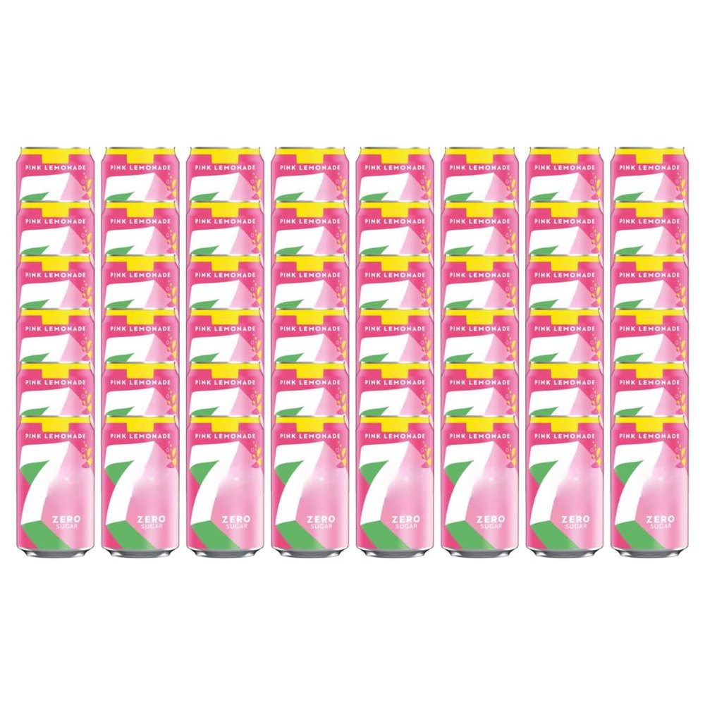 7 ZERO SUGAR Pink Lemonade Flavoured Fizzy Soft Drink Lemon, Lime, and Raspberry Flavour with Sweetners Carbonated Soda 330ml Cans Low in Calories and No Caffeine Recyclable (Pack of 48)