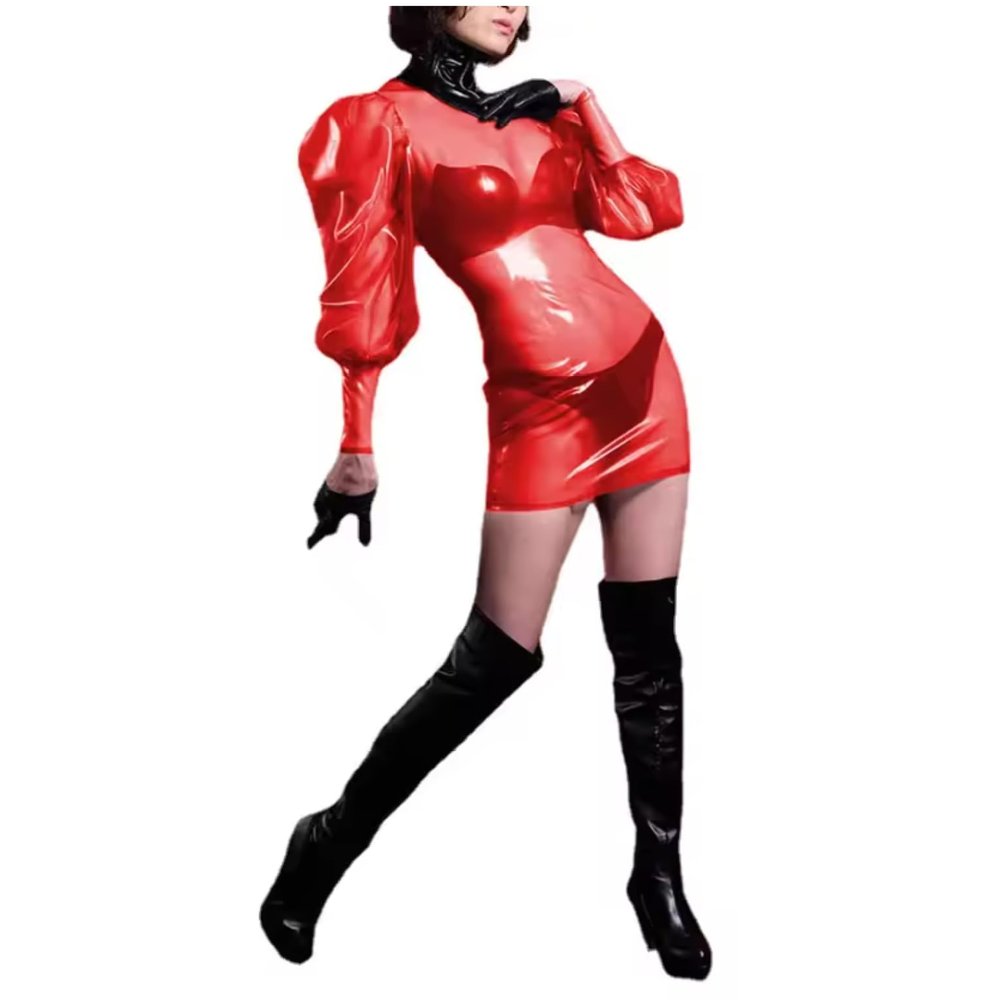 YGZHANYUANOKU Transparent Turtleneck Bodycon Dress Long Sleeve Slim Fit Sissy Party Puff Fetish Customization,Red,7XL