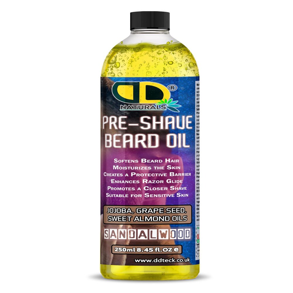 DD Teck Pre-Shave Beard Oil with Sandalwood Soothes Sensitive Skin, Softens Hair, Enhances Razor Glide & Reduces Tug & Irritation Natural Jojoba, Grapeseed & Sweet Almond Oils (250ml)