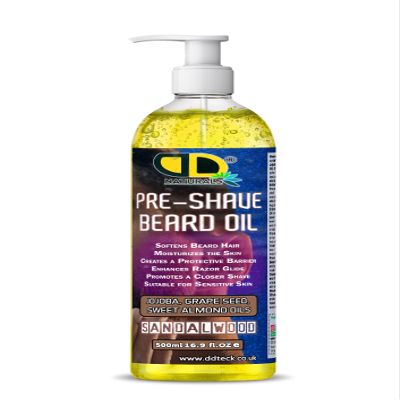 DD Teck Pre-Shave Beard Oil with Sandalwood Soothes Sensitive Skin, Softens Hair, Enhances Razor Glide & Reduces Tug & Irritation Natural Jojoba, Grapeseed & Sweet Almond Oils (500ml Pump)
